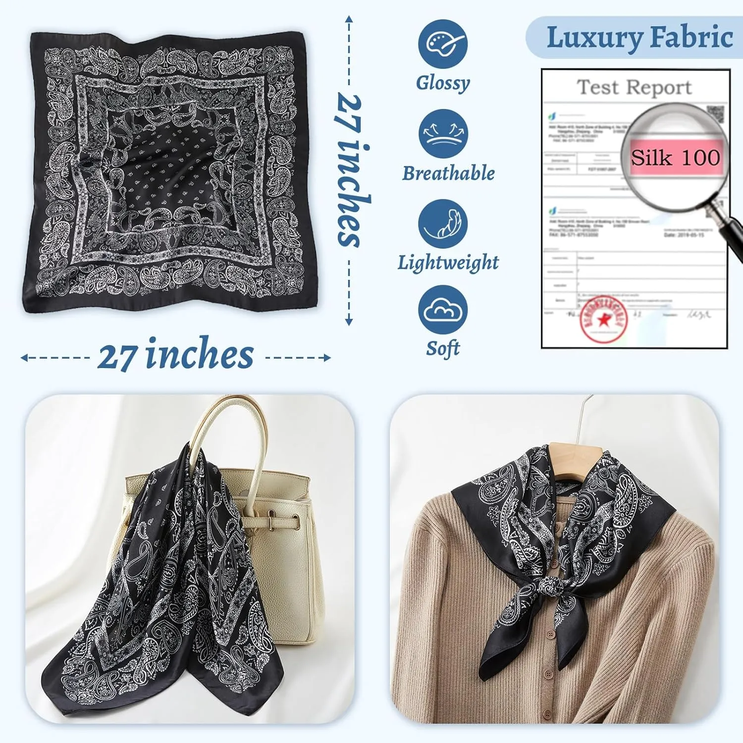 100% Mulberry Silk Square Scarf 27''x27'' Neck Scarf Hair Scarf Headscarf Bandanas for Women