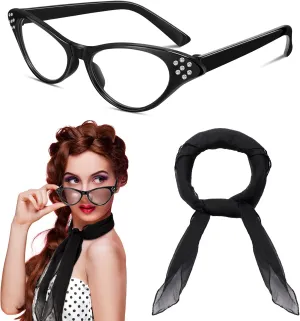 2 Pcs 50s Costume Accessories for Women, 1950s Retro Chiffon Neck Scarf Vintage Rhinestone Cat Eye Glasses for Costume Party, Black
