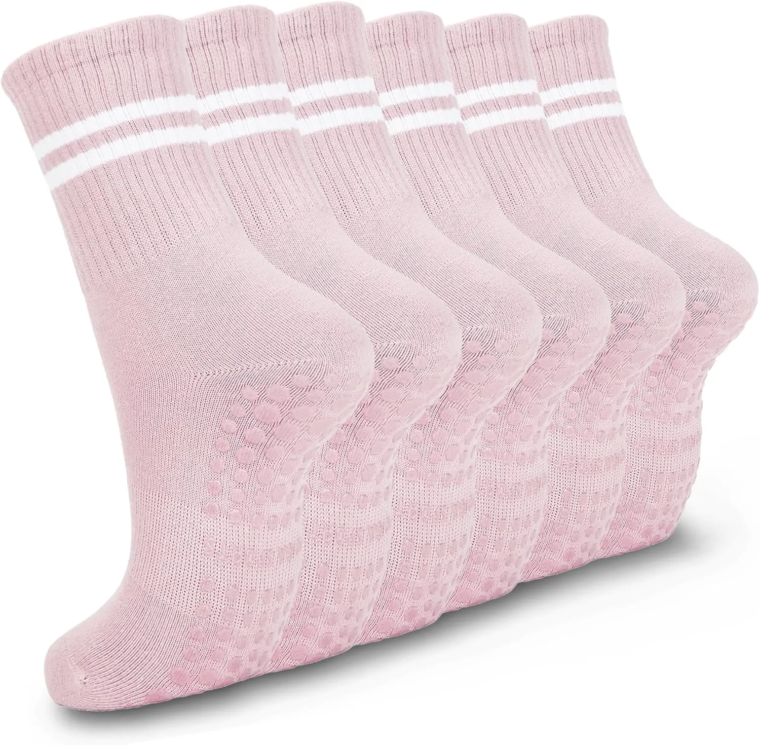 6 Pairs Pilates Socks with Grips for Women, Non-Slip Yoga Striped Crew Socks for Barre Hospital Workout
