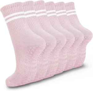 6 Pairs Pilates Socks with Grips for Women, Non-Slip Yoga Striped Crew Socks for Barre Hospital Workout