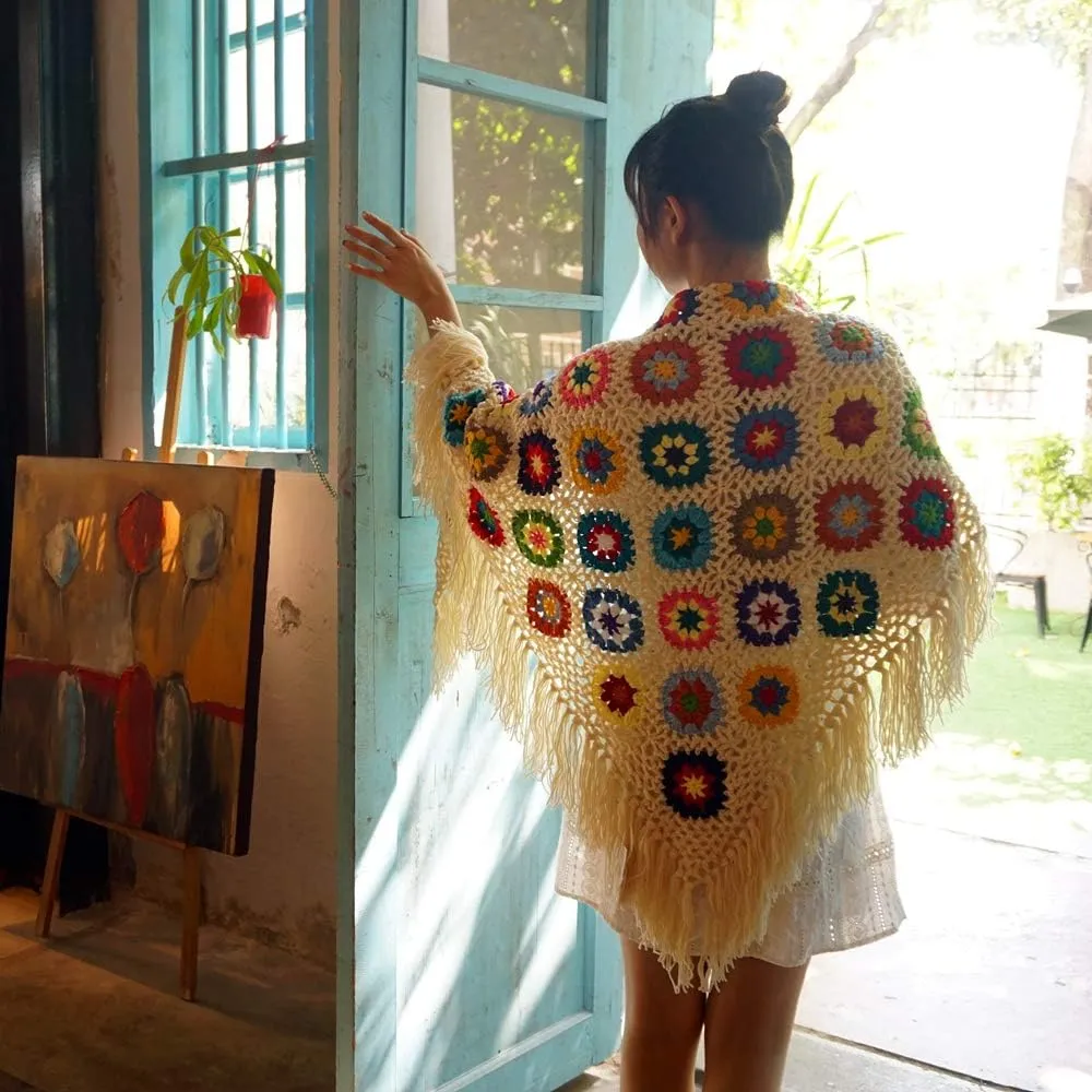 62x30in Handmade Crochet Fringed Poncho Cape Shawls Wraps Granny Square Womens Coat Sweater