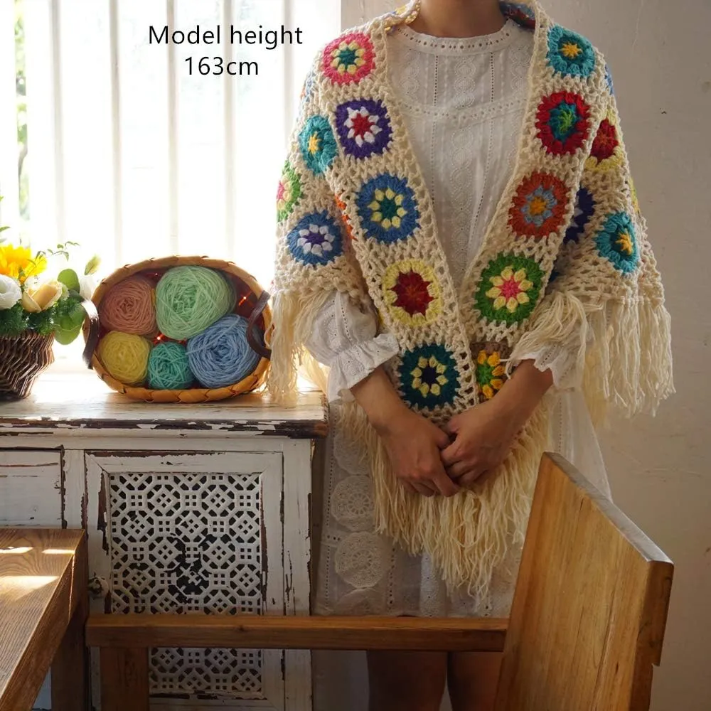 62x30in Handmade Crochet Fringed Poncho Cape Shawls Wraps Granny Square Womens Coat Sweater