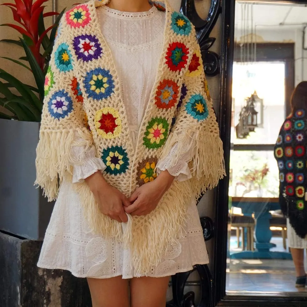 62x30in Handmade Crochet Fringed Poncho Cape Shawls Wraps Granny Square Womens Coat Sweater