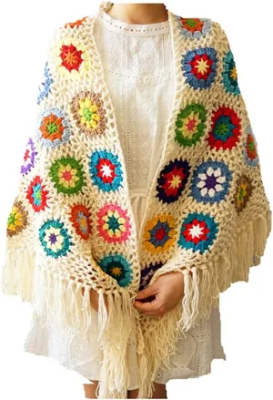 62x30in Handmade Crochet Fringed Poncho Cape Shawls Wraps Granny Square Womens Coat Sweater