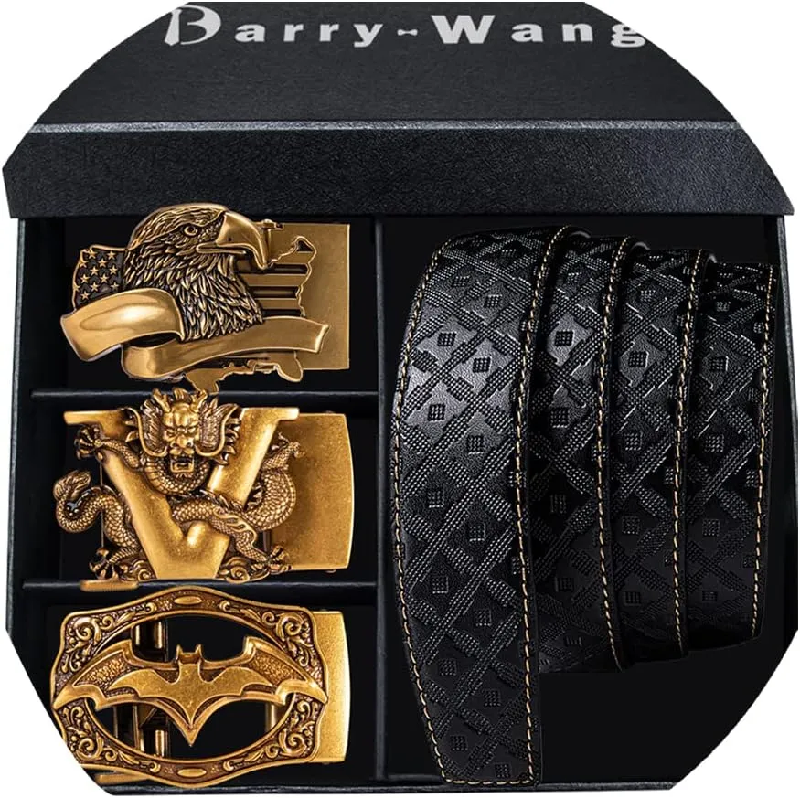Barry.Wang Ratchet Belts Set for Men 3 Buckles Genuine Leather Slide Strap Replacement 35mm Automatic Click Gift Box