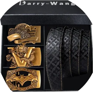 Barry.Wang Ratchet Belts Set for Men 3 Buckles Genuine Leather Slide Strap Replacement 35mm Automatic Click Gift Box