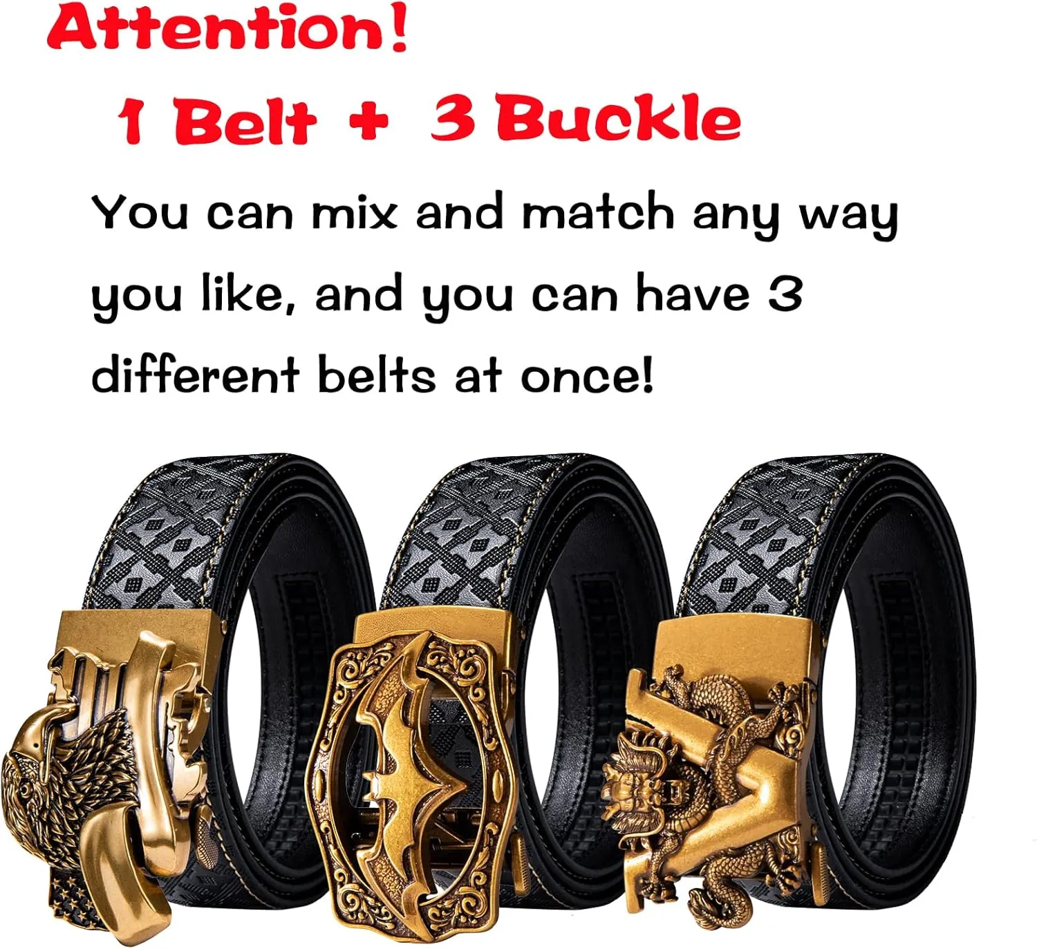 Barry.Wang Ratchet Belts Set for Men 3 Buckles Genuine Leather Slide Strap Replacement 35mm Automatic Click Gift Box