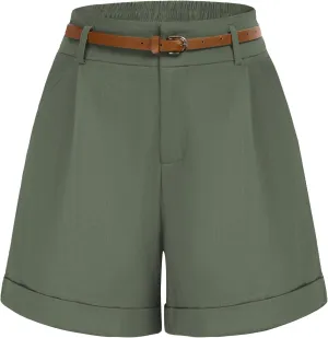 Belle Poque Women Bermuda Shorts Elastic Waist Wide Leg Shorts with Pockets & Belts