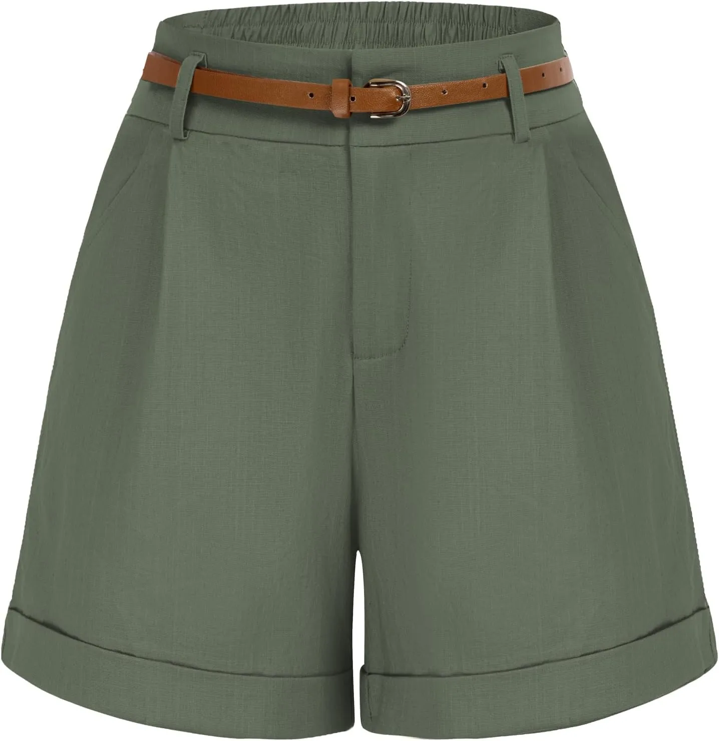 Belle Poque Women Bermuda Shorts Elastic Waist Wide Leg Shorts with Pockets & Belts