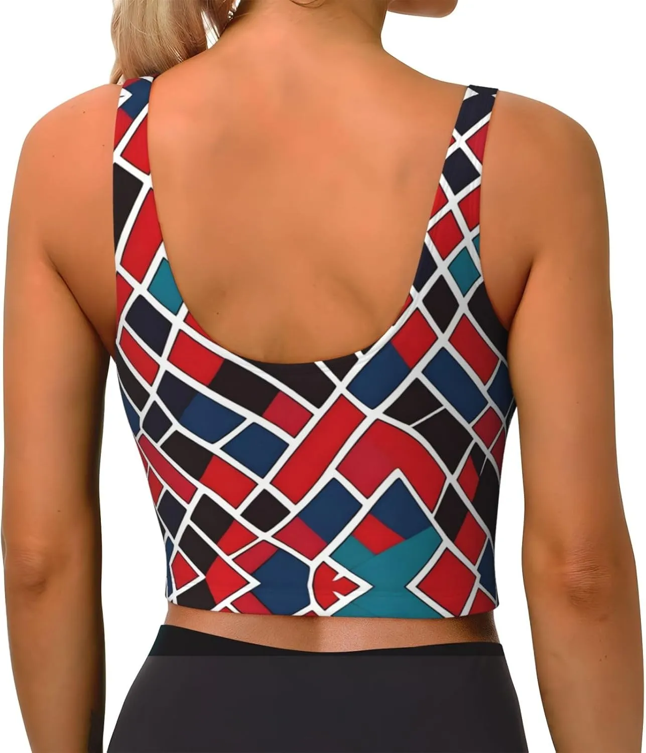 Black and Red Grid Women's Sexy Sports Vest Sleeveless Athletic Gym T-Shirts Vest U-Shaped Back Quick Dry Top