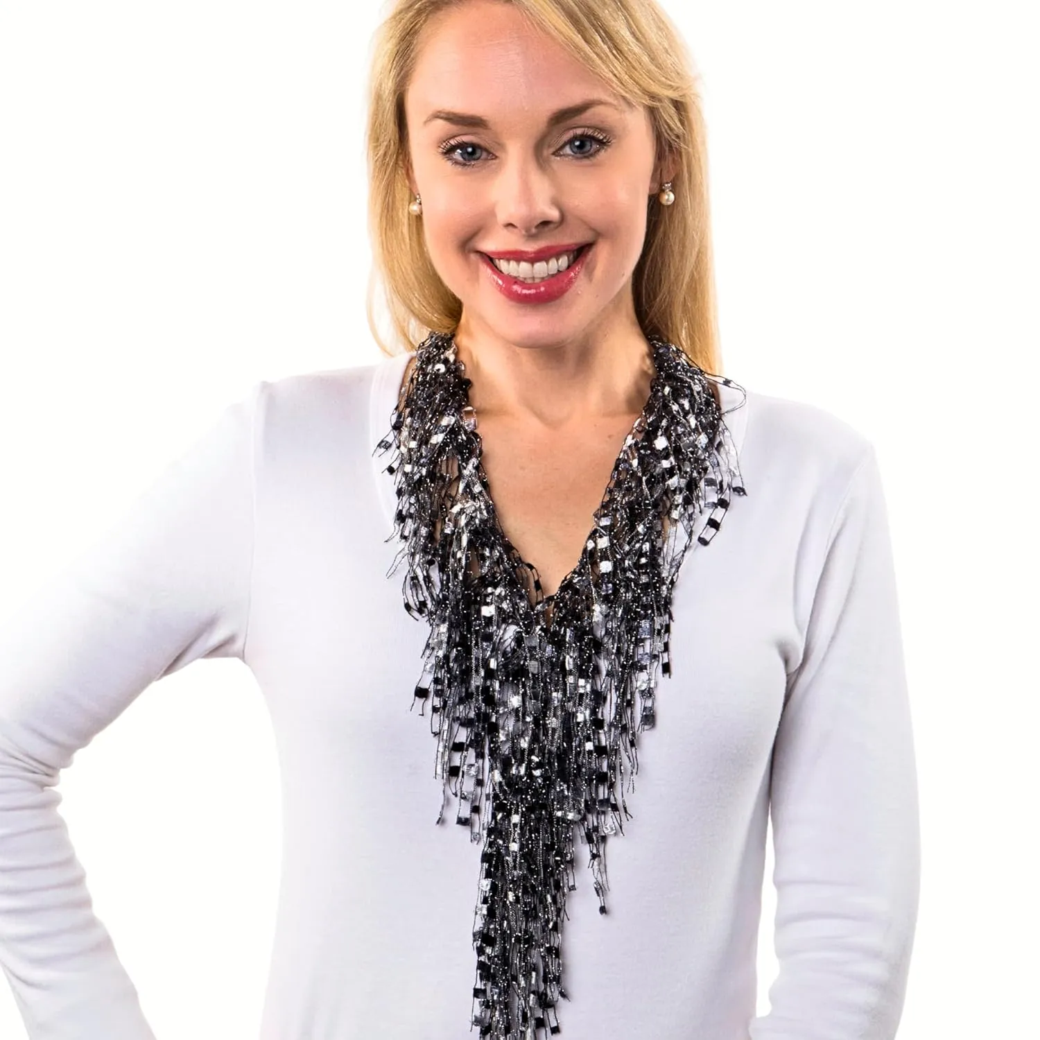 Black and White Scarf for Women Lightweight - Fringe Infinity Scarf for Women - Long Black and White Statement Necklace Jewelry (Black and White)