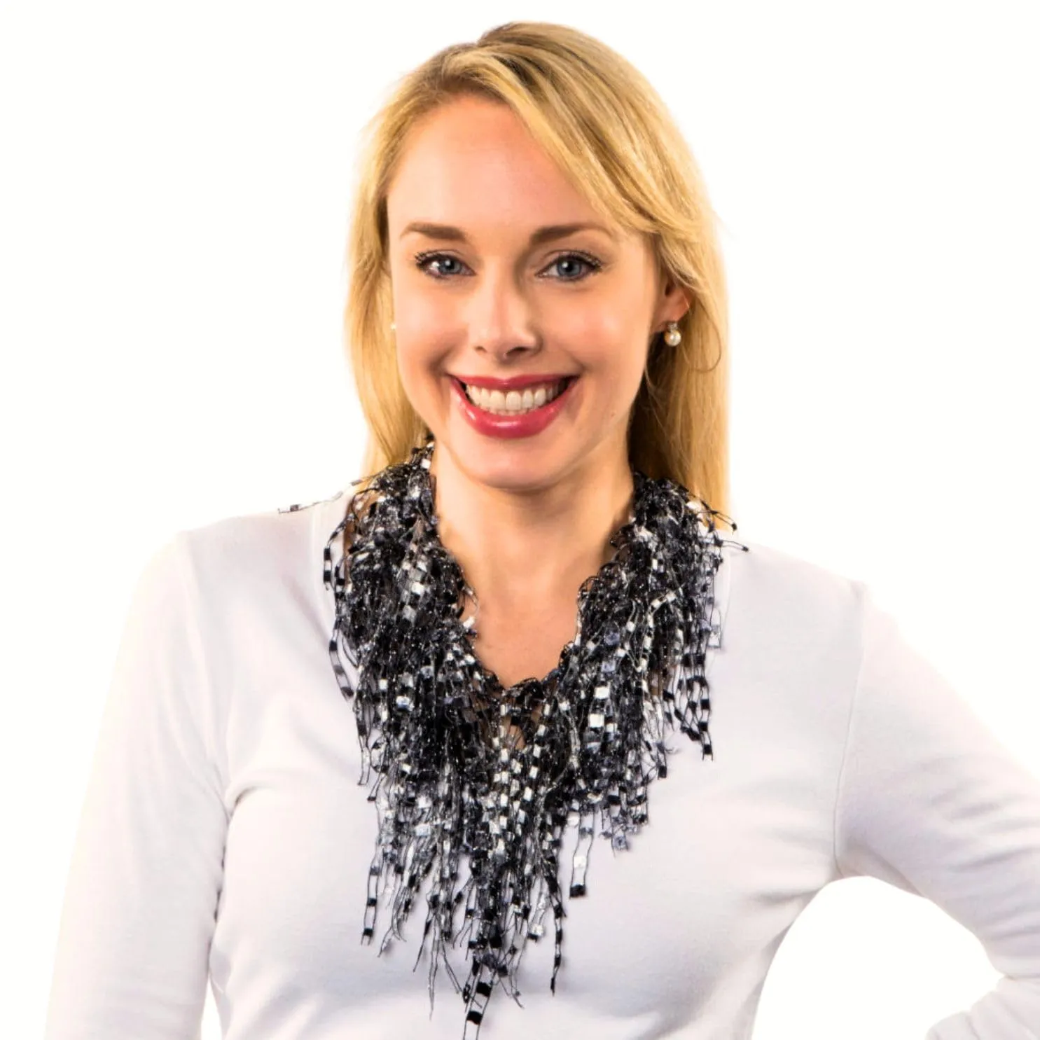Black and White Scarf for Women Lightweight - Fringe Infinity Scarf for Women - Long Black and White Statement Necklace Jewelry (Black and White)