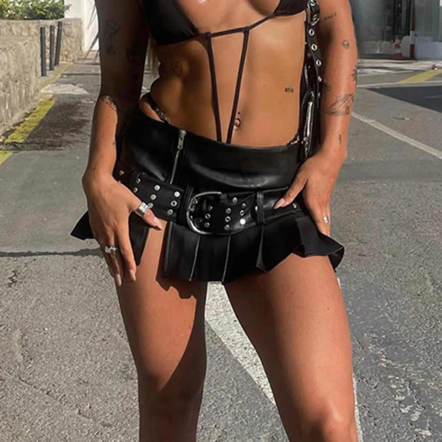Black Leather Mini Skirts for Women - Sexy Studded Belt Pleated Low Waist Short Skirt - Summer Fashion for Going Out