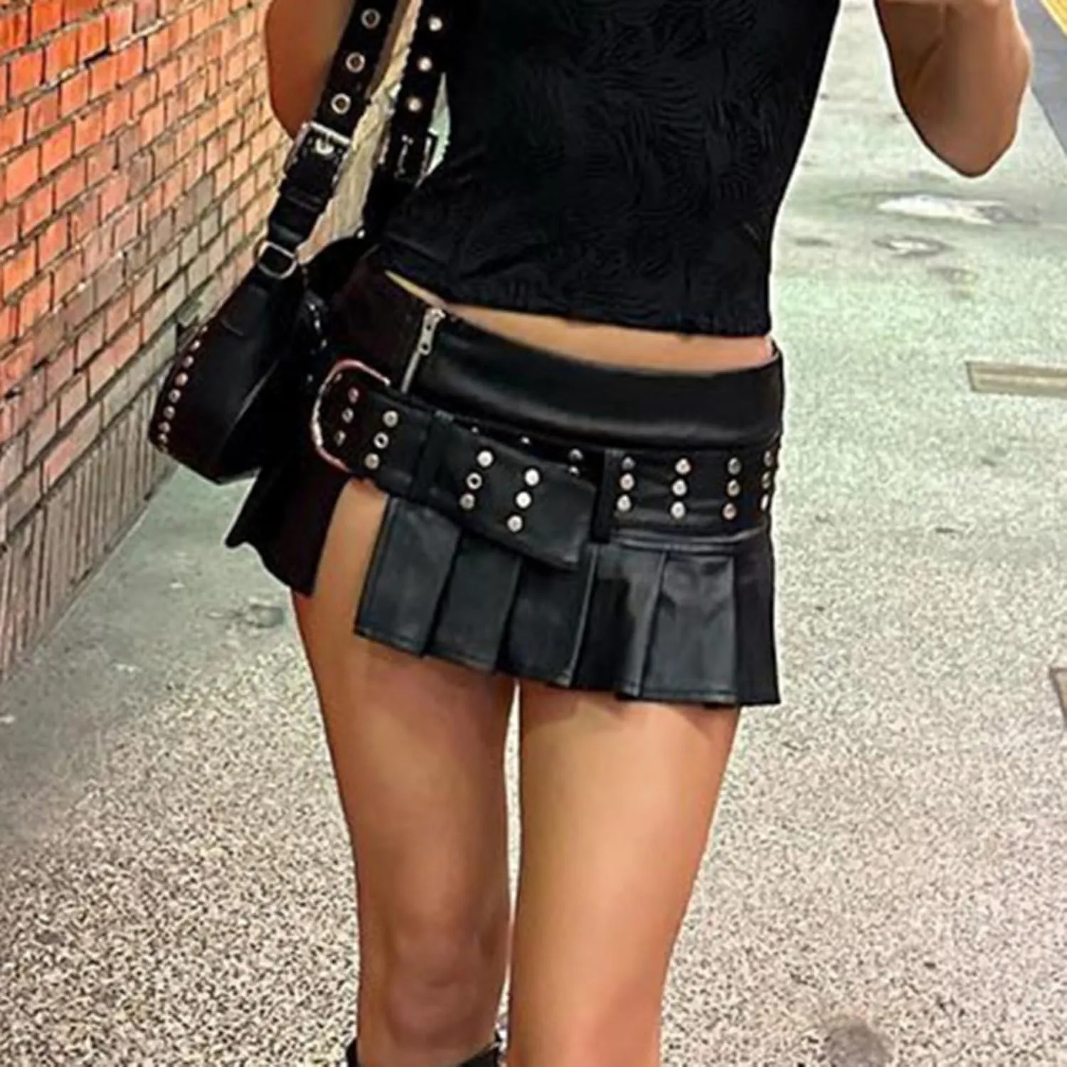 Black Leather Mini Skirts for Women - Sexy Studded Belt Pleated Low Waist Short Skirt - Summer Fashion for Going Out