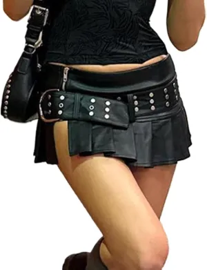 Black Leather Mini Skirts for Women - Sexy Studded Belt Pleated Low Waist Short Skirt - Summer Fashion for Going Out