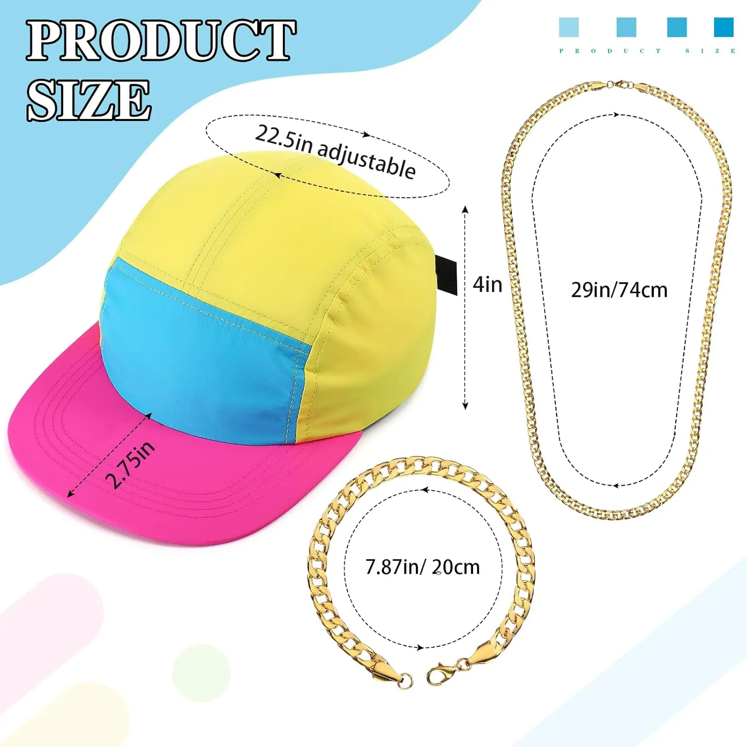 Cindeer 4 Pcs 80 90s Hip Hop Accessories for Women Men Neon Hat Outfit Sunglasses Gold Chain Bracelet for Party