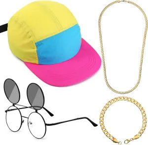 Cindeer 4 Pcs 80 90s Hip Hop Accessories for Women Men Neon Hat Outfit Sunglasses Gold Chain Bracelet for Party