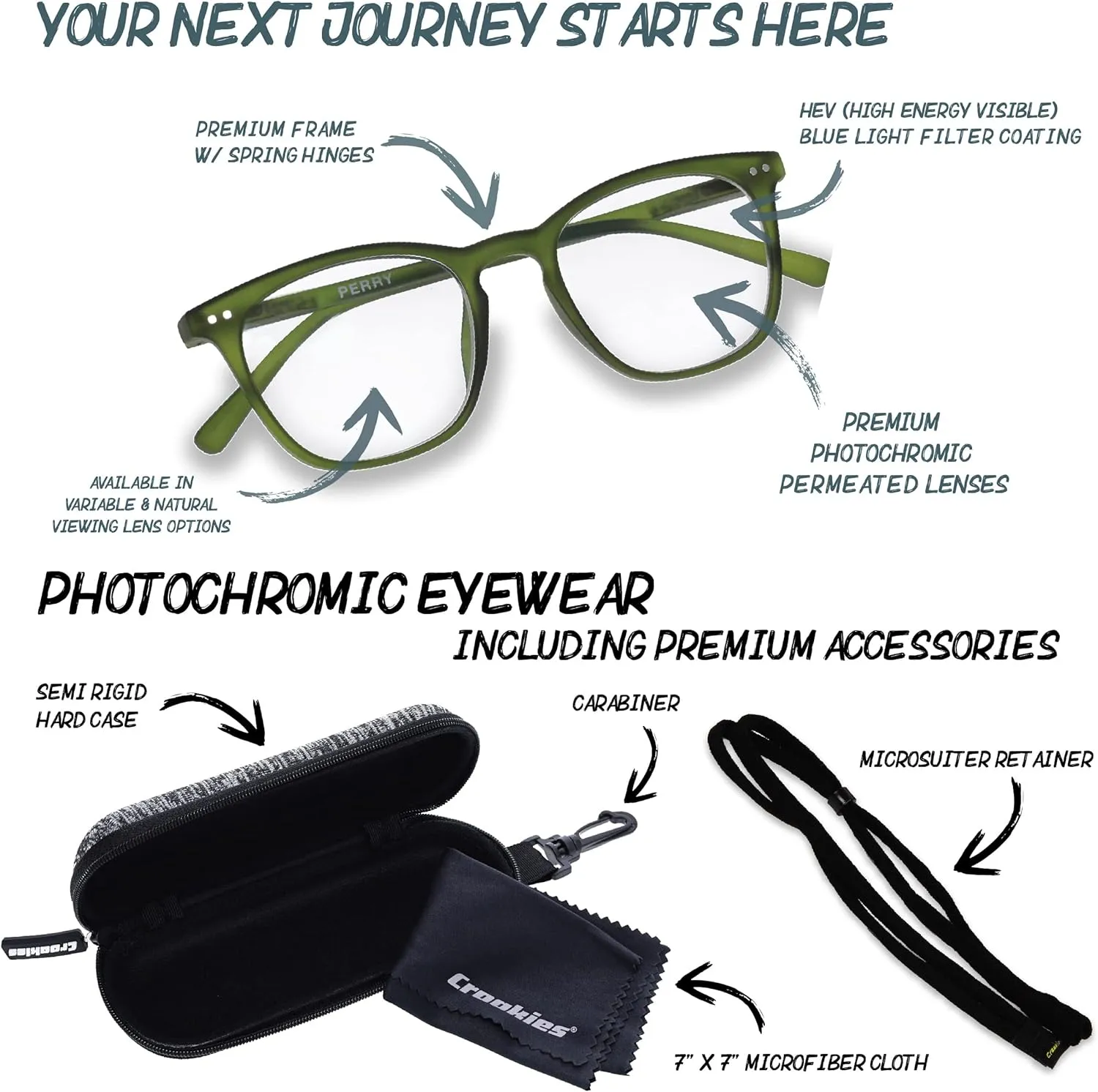 Croakies Perry Photochromic Progressive Eyewear | UV400 Sunglass for Outdoor | Bluelight Eyeglass for HEV Devices | Bundle