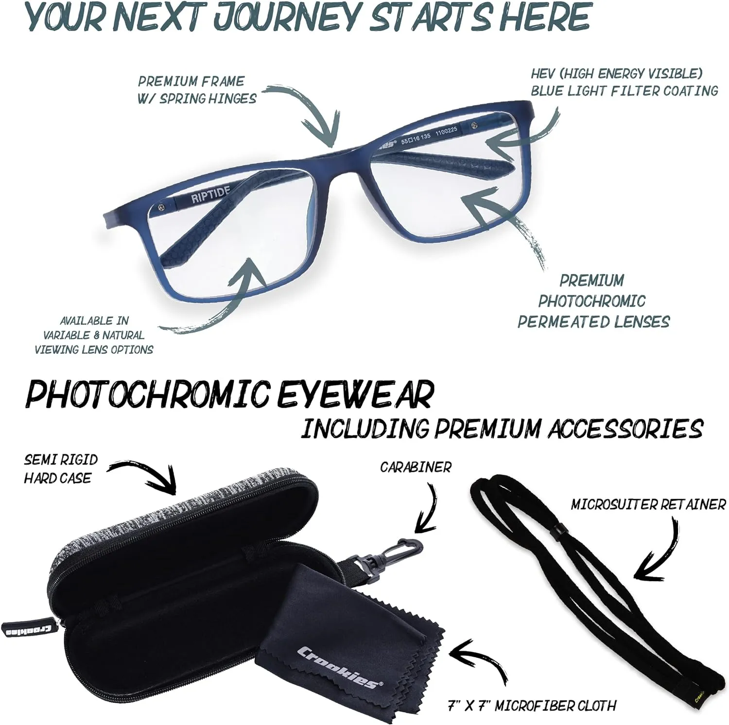 Croakies Riptide Photochromic Progressive Eyewear | UV400 Sunglass for Outdoor | Bluelight Eyeglass for HEV Devices | Bundle