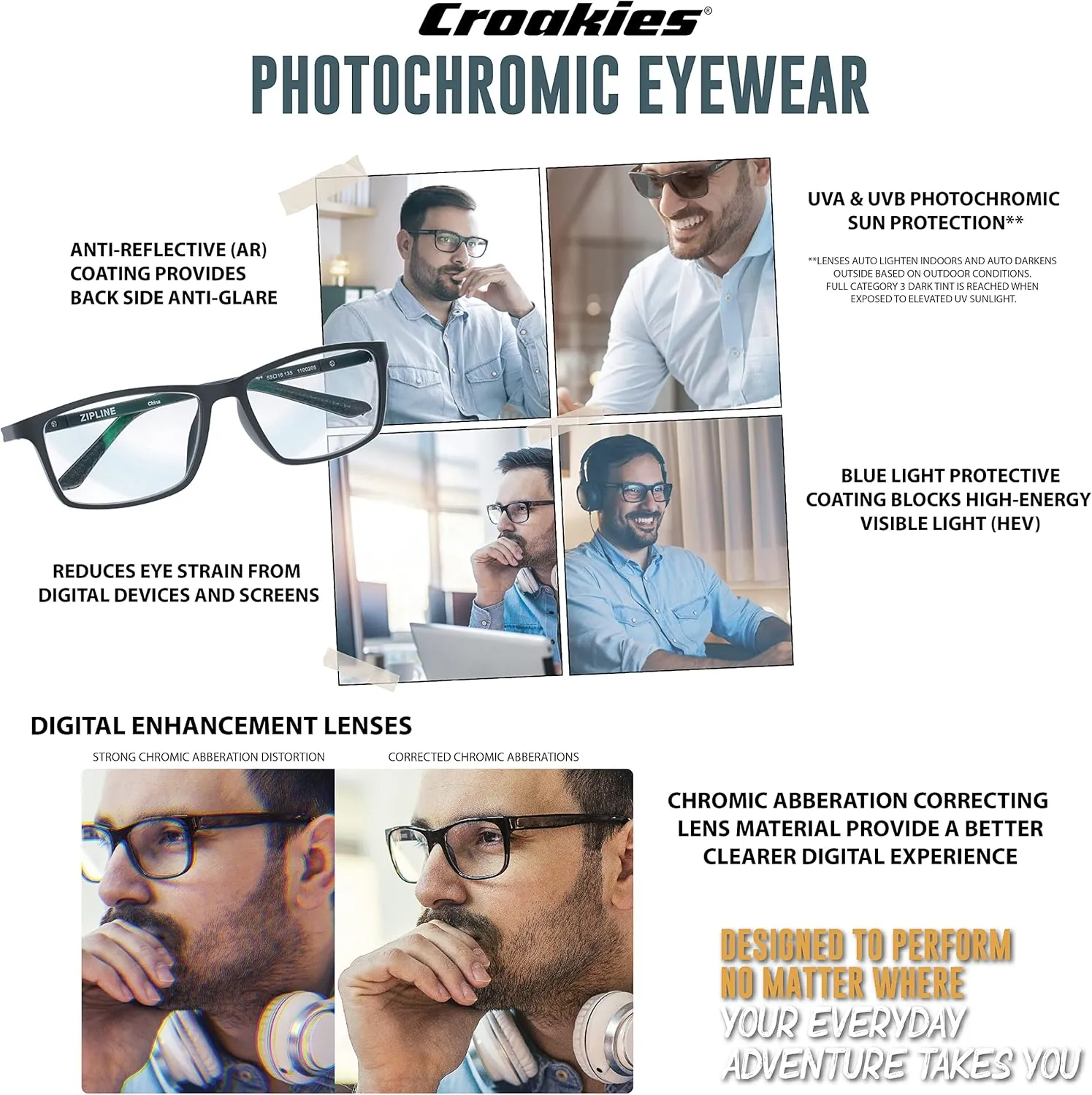Croakies Zipline Photochromic Progressive Eyewear | UV400 Sunglass for Outdoor | Bluelight Eyeglass for HEV Devices | Bundle