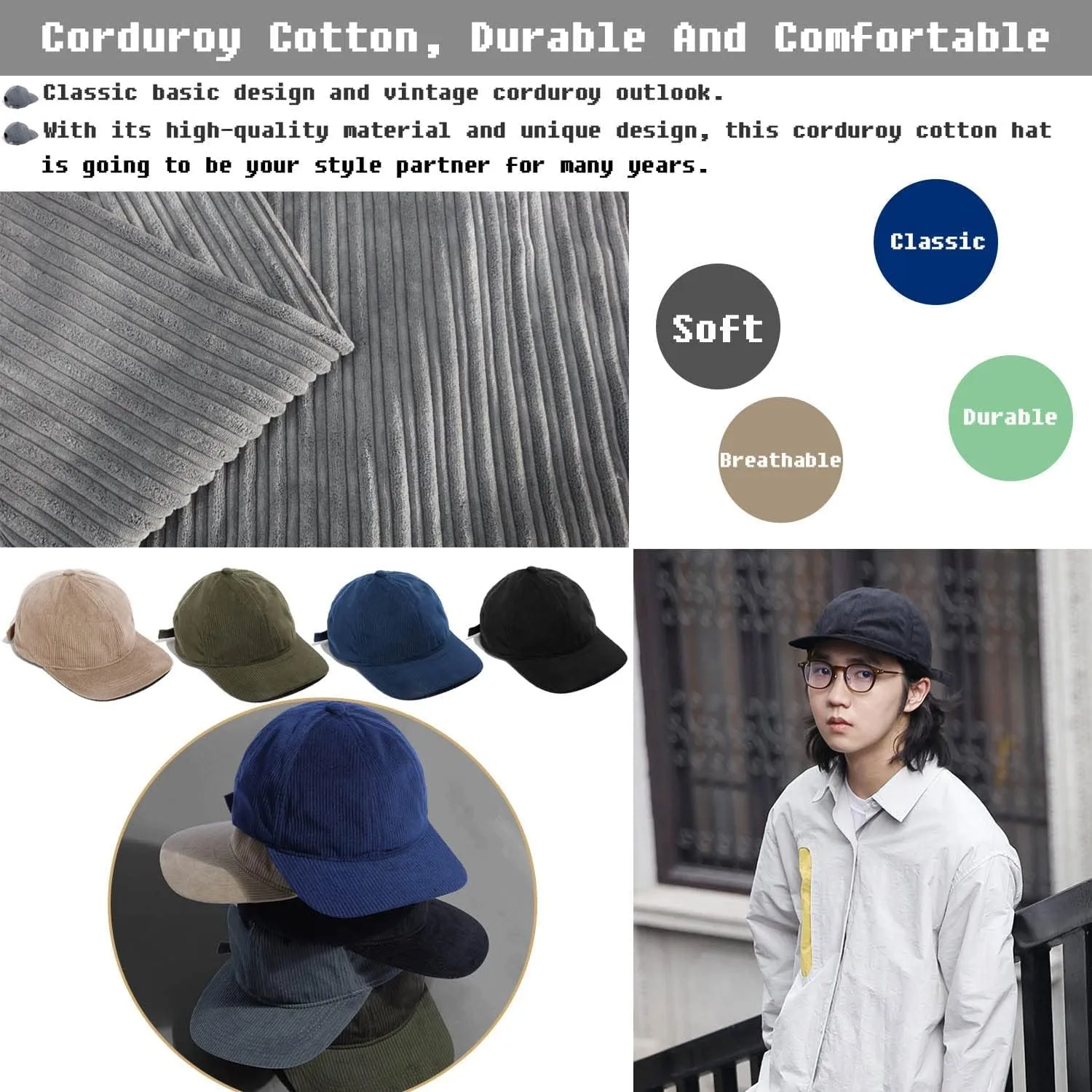 Croogo Flat Bill Cap Classic Corduroy Baseball Cap for Men Women Dad Hat 6 Panel Flat Brimmed Camper Hats Visor Sports Cap