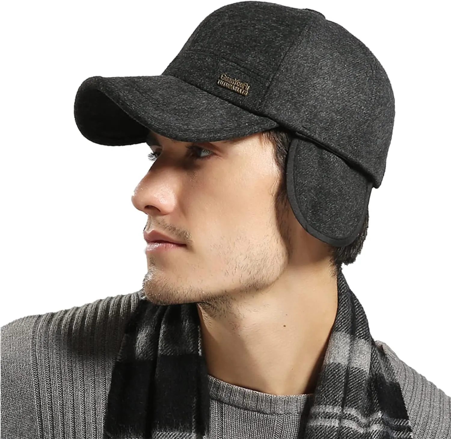 Croogo Wool Baseball Cap Ear Flaps Outdoor Trucker Dad Hat with Fold Earmuffs Warmer Driving Cap Unisex Winter Fitted Hats