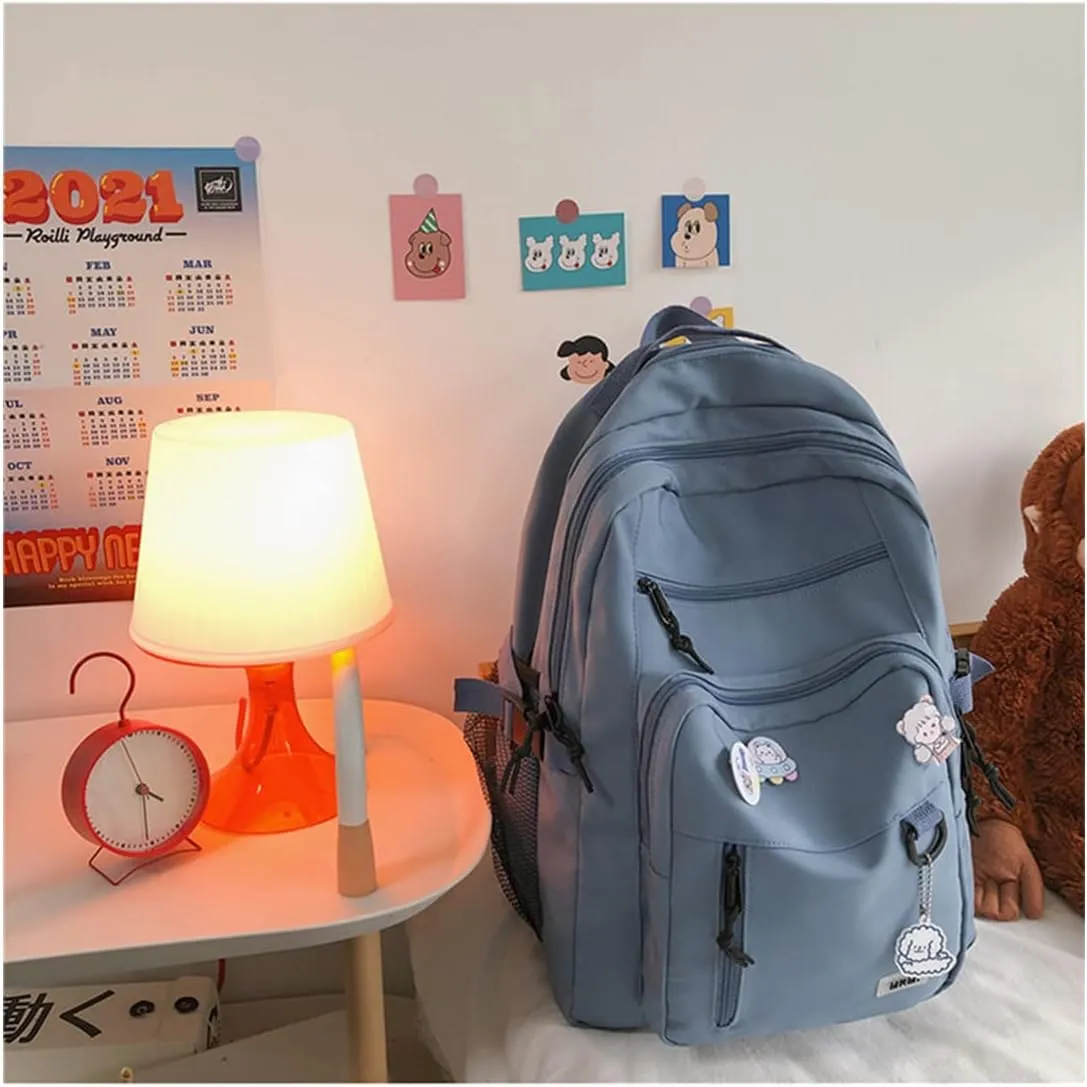 Cute Aesthetic Backpack for teen girls middle school Bag Student Laptop White Backpacks With Cute pin accessories (Blue, One Size)