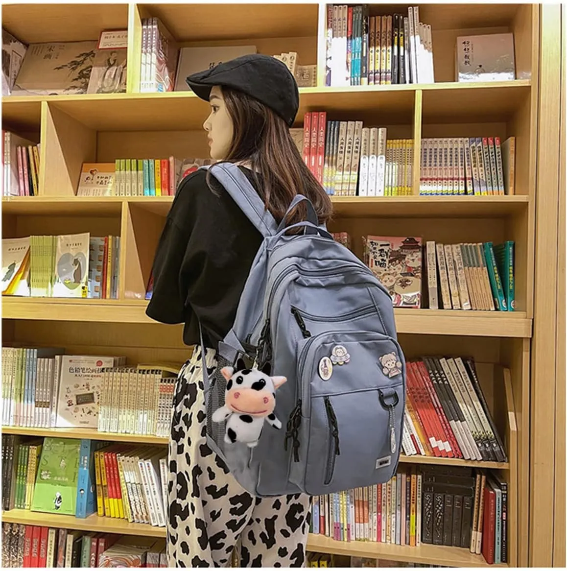 Cute Aesthetic Backpack for teen girls middle school Bag Student Laptop White Backpacks With Cute pin accessories (Blue, One Size)