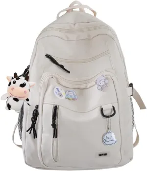 Cute Aesthetic Backpack for teen girls middle school Bag Student Laptop White Backpacks With Cute pin accessories (White, One Size)