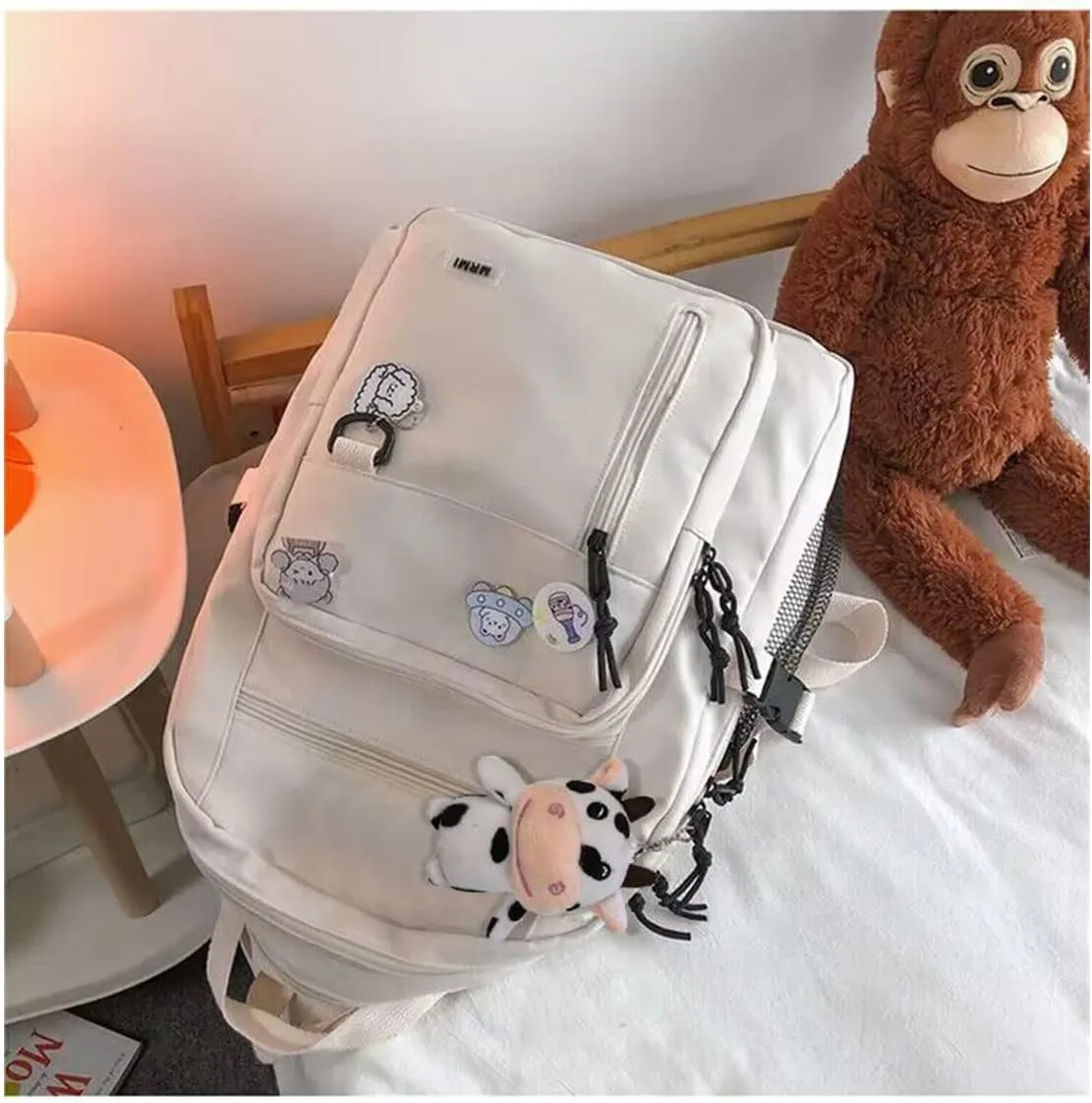 Cute Aesthetic Backpack for teen girls middle school Bag Student Laptop White Backpacks With Cute pin accessories (White, One Size)