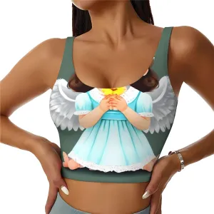 Cute Little Angel Women's Sexy Sports Vest Sleeveless Athletic Gym T-Shirts Vest U-Shaped Back Quick Dry Top