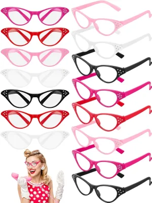 Dunzy 15 Pairs 50s Cat Glasses Bulk Sock Hop Glasses Cat Rhinestone Glasses 1950s Women Accessories Sock Hop Party Decoration