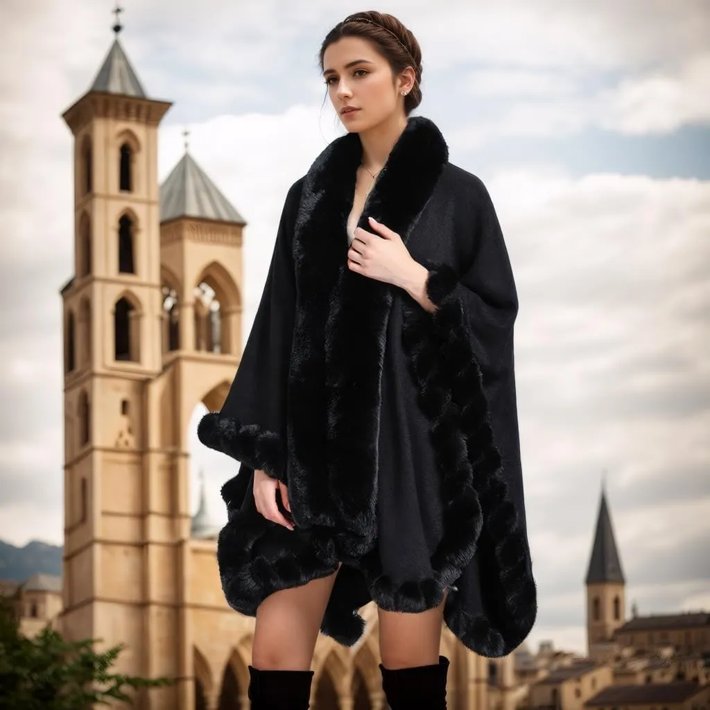 Faux Fox Fur Trim Cardigan Cloak Shawl Wraps Winter Poncho Oversized Cape