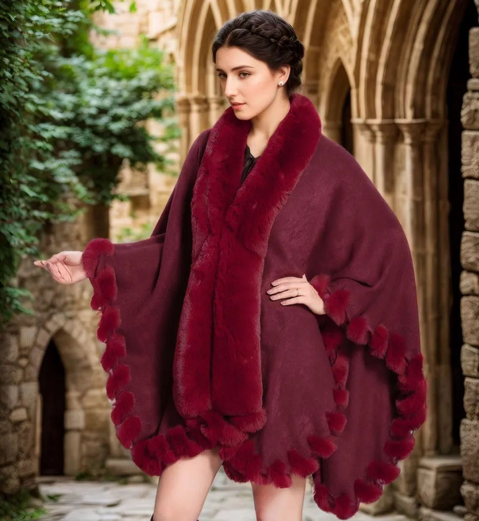 Faux Fox Fur Trim Cardigan Cloak Shawl Wraps Winter Poncho Oversized Cape