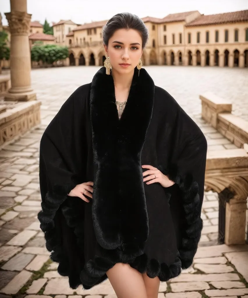 Faux Fox Fur Trim Cardigan Cloak Shawl Wraps Winter Poncho Oversized Cape