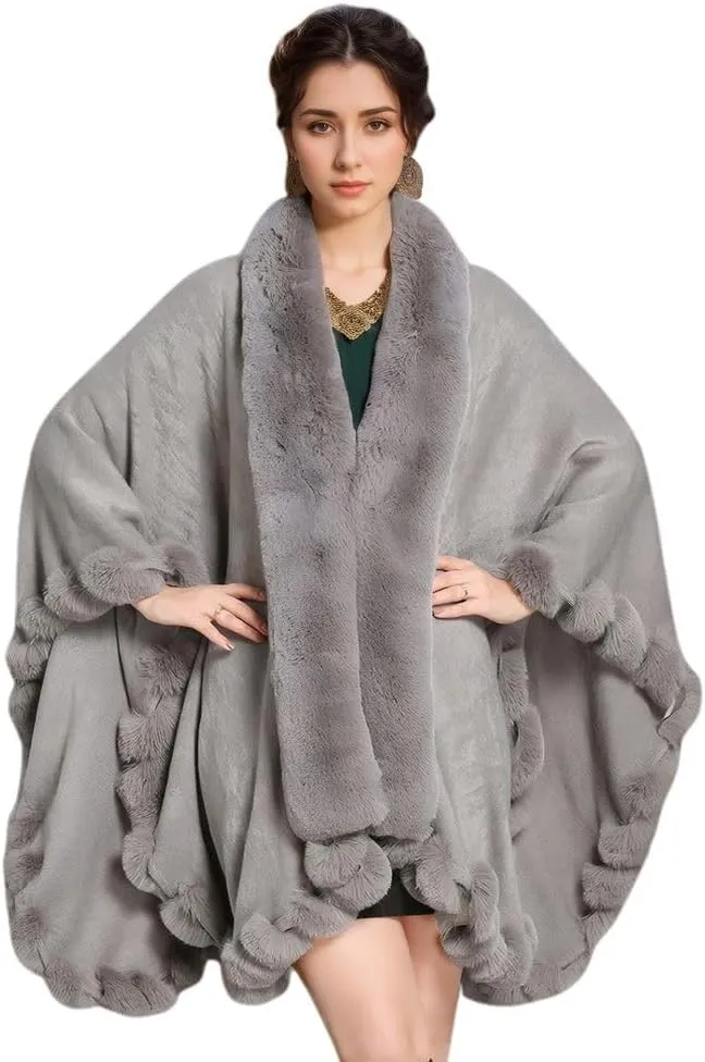 Faux Fox Fur Trim Cardigan Cloak Shawl Wraps Winter Poncho Oversized Cape