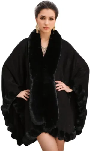 Faux Fox Fur Trim Cardigan Cloak Shawl Wraps Winter Poncho Oversized Cape
