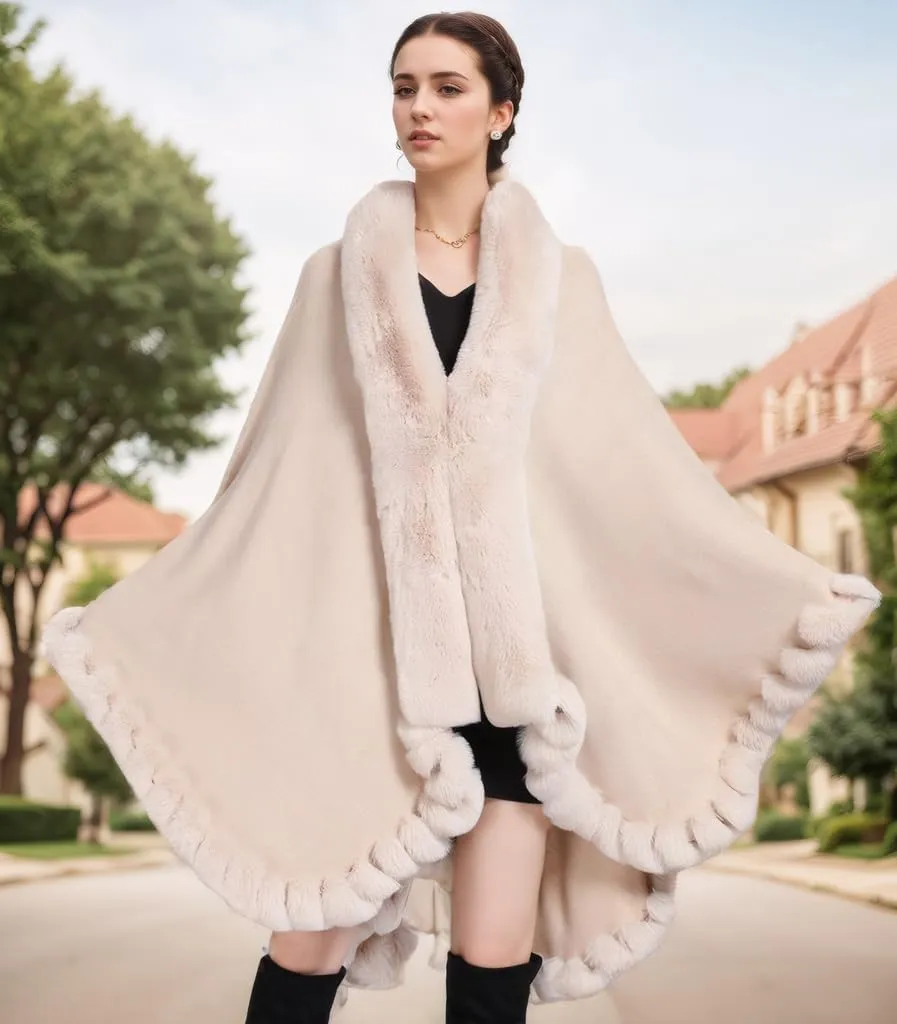 Faux Fox Fur Trim Cardigan Cloak Shawl Wraps Winter Poncho Oversized Cape