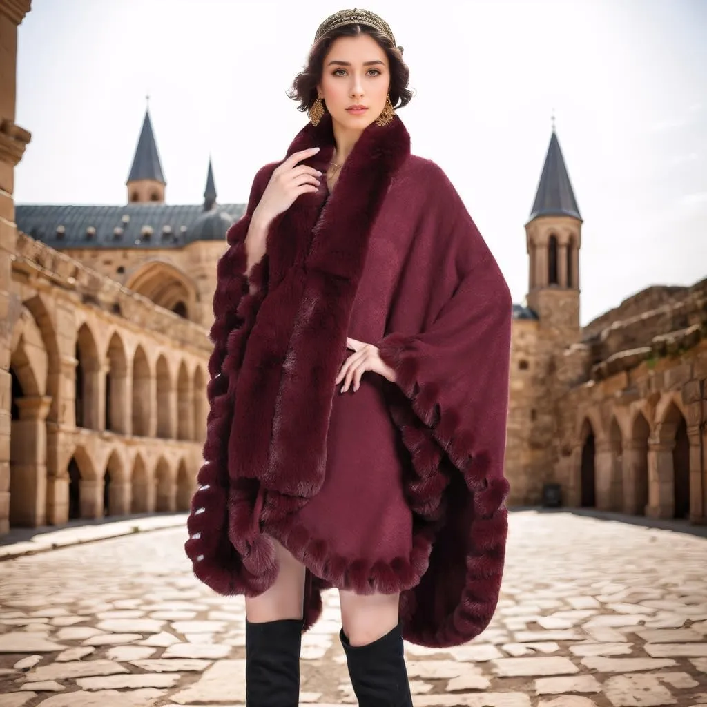 Faux Fox Fur Trim Cardigan Cloak Shawl Wraps Winter Poncho Oversized Cape