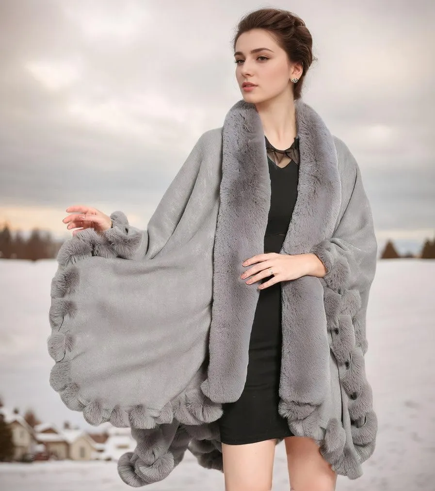Faux Fox Fur Trim Cardigan Cloak Shawl Wraps Winter Poncho Oversized Cape