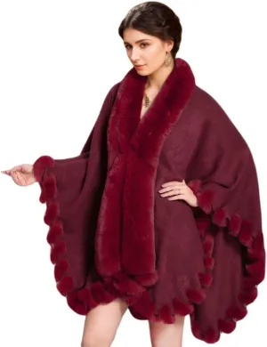 Faux Fox Fur Trim Cardigan Cloak Shawl Wraps Winter Poncho Oversized Cape