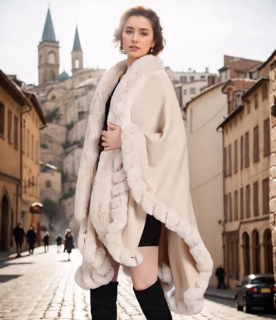 Faux Fox Fur Trim Cardigan Cloak Shawl Wraps Winter Poncho Oversized Cape