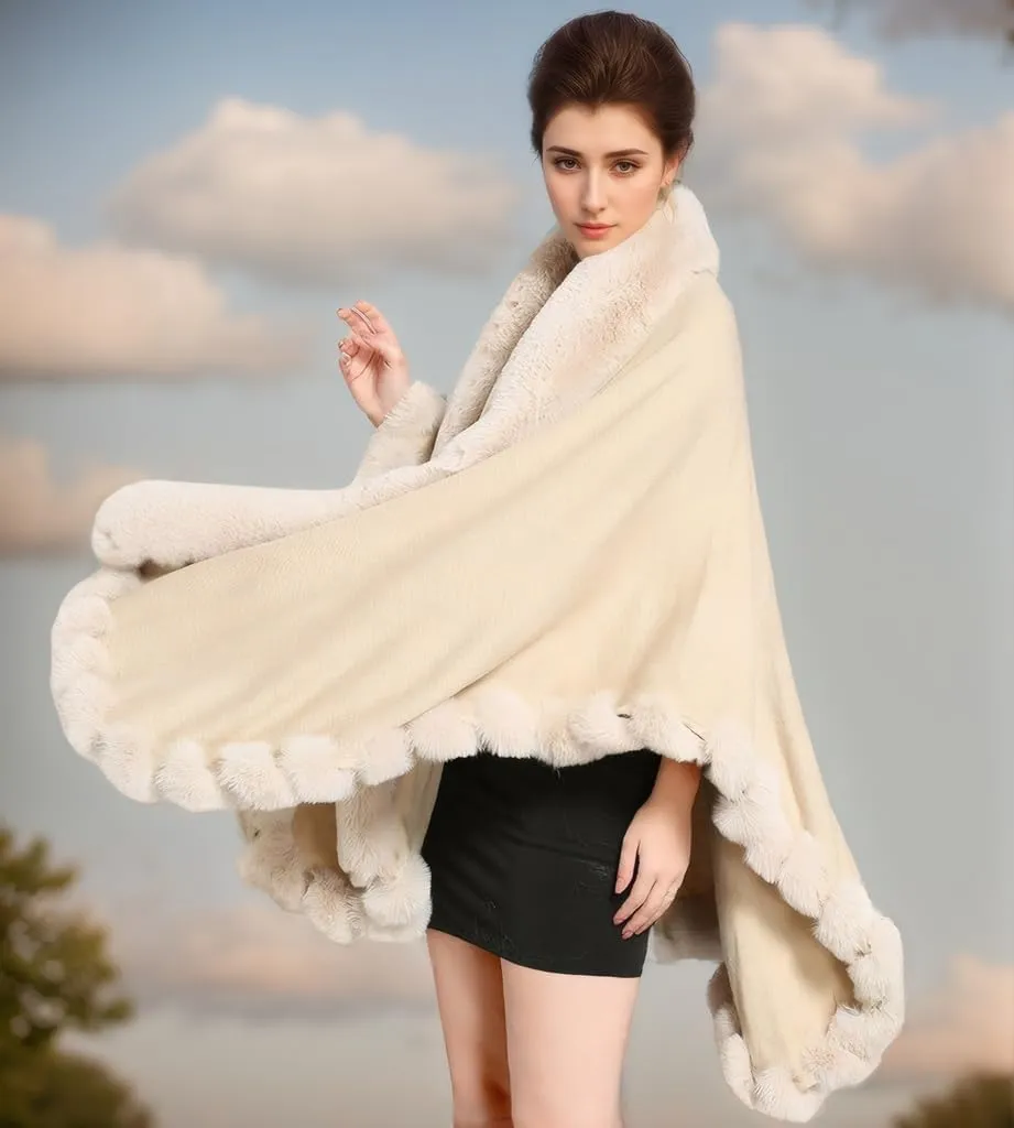Faux Fox Fur Trim Cardigan Cloak Shawl Wraps Winter Poncho Oversized Cape