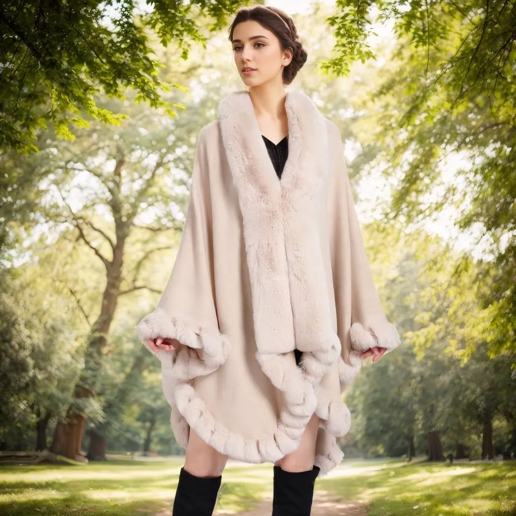 Faux Fox Fur Trim Cardigan Cloak Shawl Wraps Winter Poncho Oversized Cape