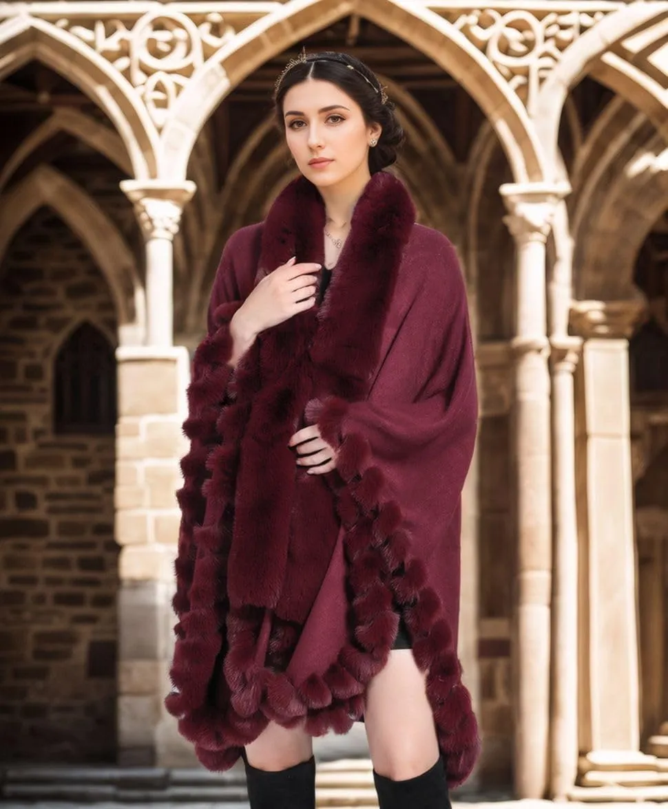 Faux Fox Fur Trim Cardigan Cloak Shawl Wraps Winter Poncho Oversized Cape