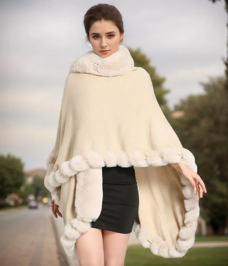 Faux Fox Fur Trim Cardigan Cloak Shawl Wraps Winter Poncho Oversized Cape
