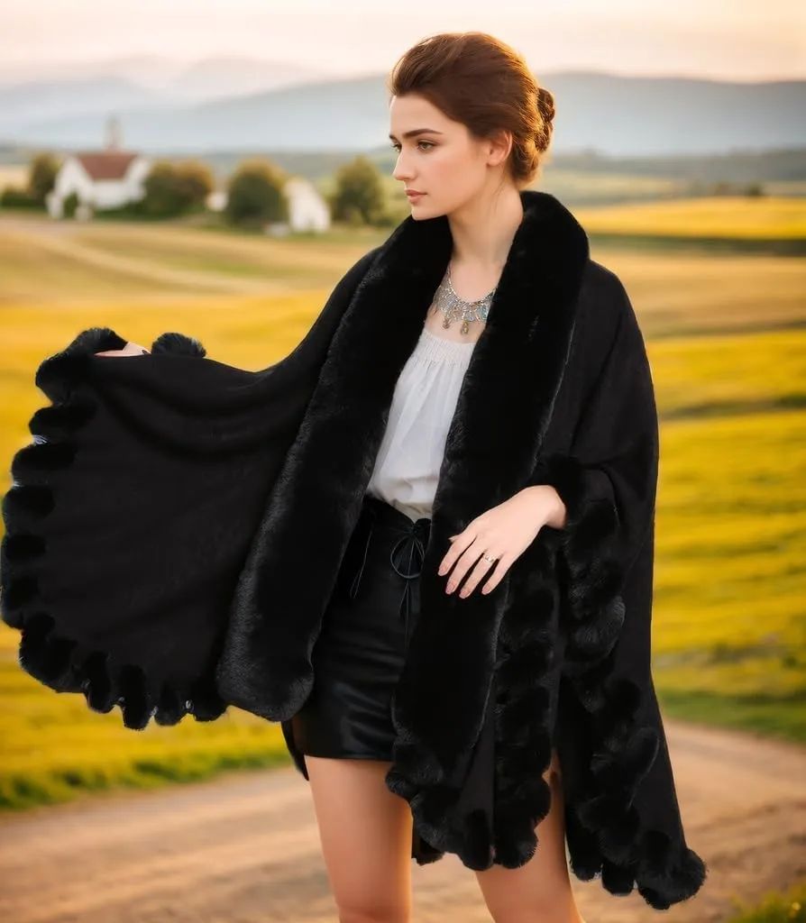 Faux Fox Fur Trim Cardigan Cloak Shawl Wraps Winter Poncho Oversized Cape