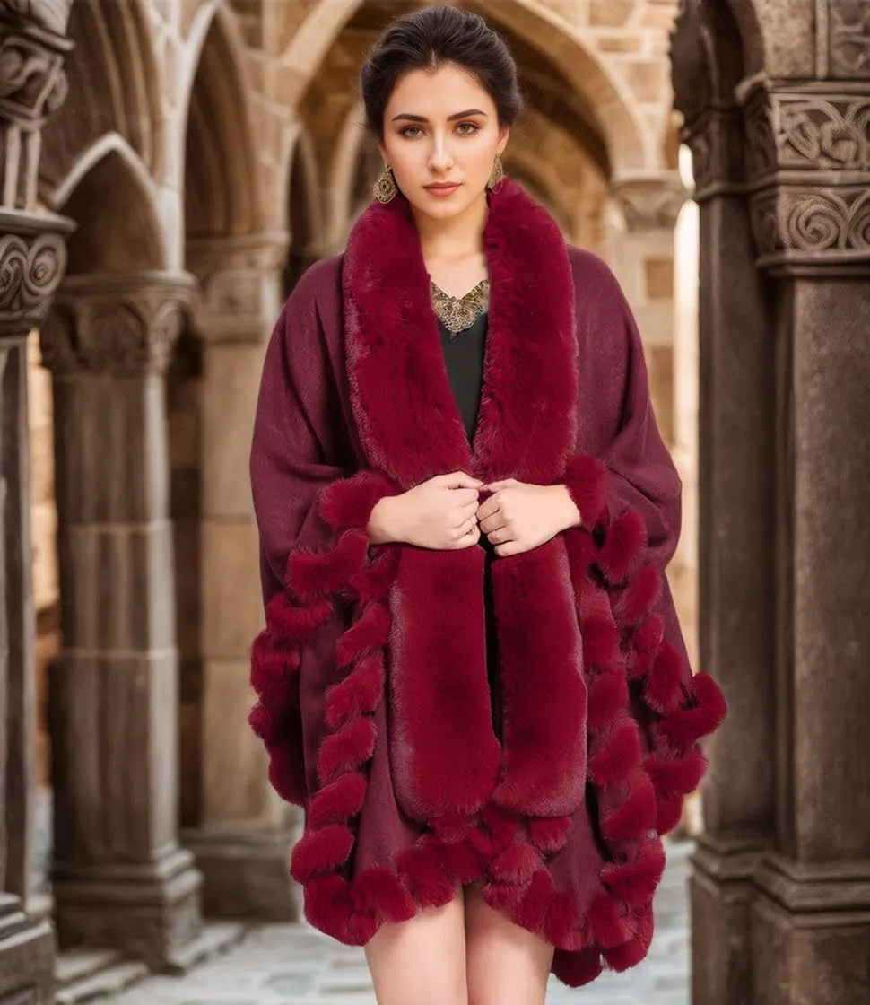 Faux Fox Fur Trim Cardigan Cloak Shawl Wraps Winter Poncho Oversized Cape
