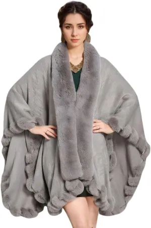 Faux Fox Fur Trim Cardigan Cloak Shawl Wraps Winter Poncho Oversized Cape