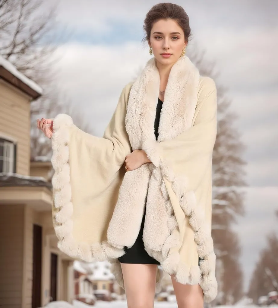 Faux Fox Fur Trim Cardigan Cloak Shawl Wraps Winter Poncho Oversized Cape
